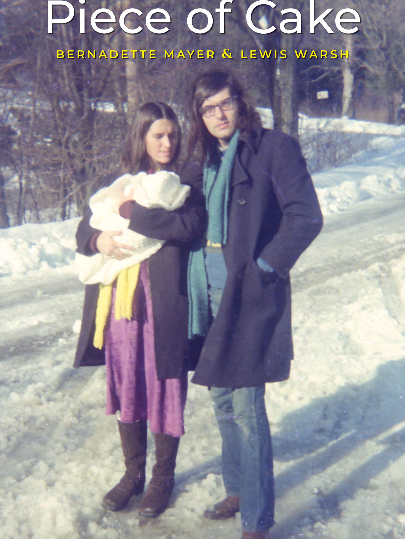 married poet couple standing in snow with leafless trees in background, wife holding their baby wrapped in white blanket