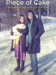 married poet couple standing in snow with leafless trees in background, wife holding their baby wrapped in white blanket