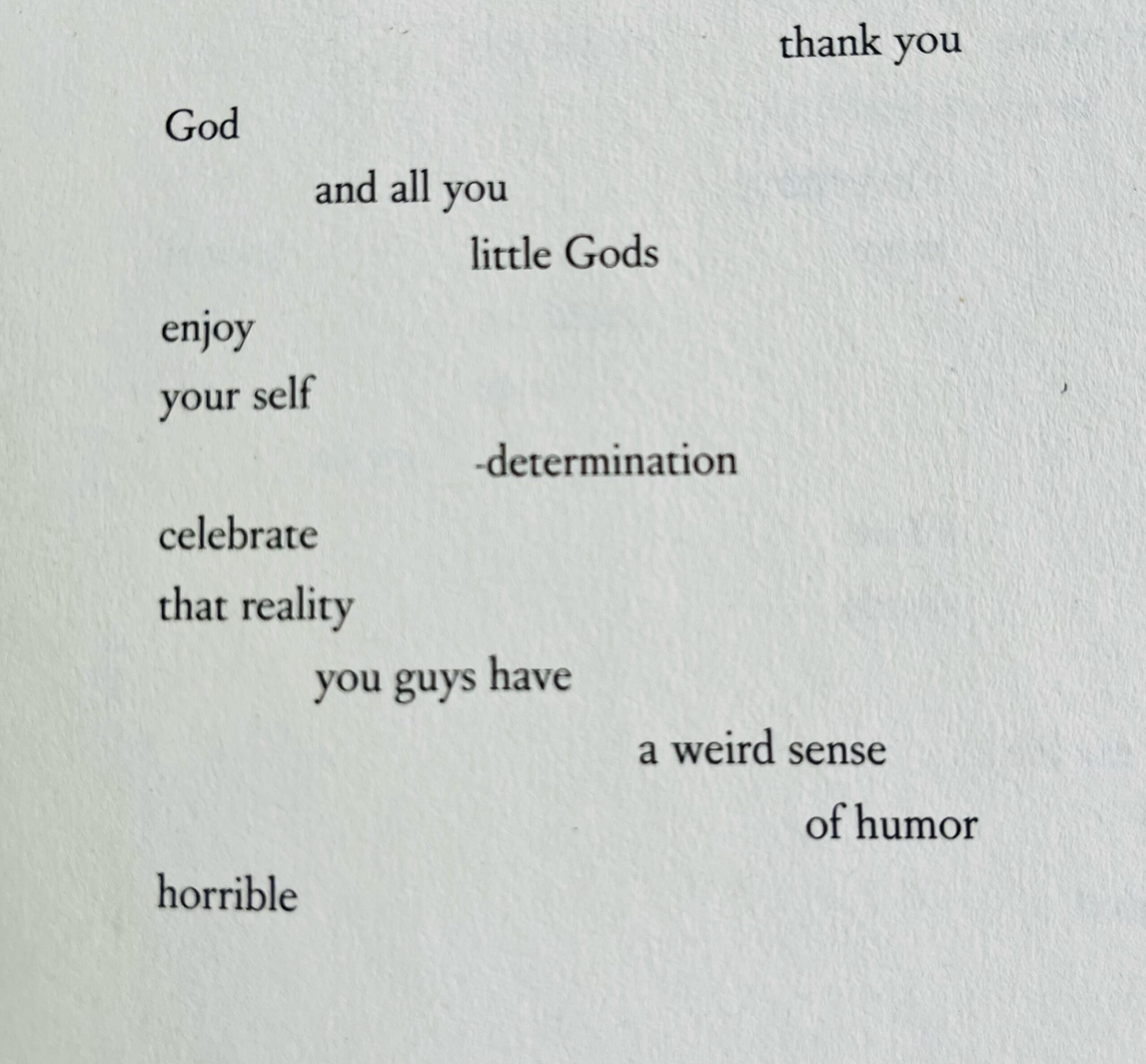 thank you God and all you little Gods enjoy your self -determination celebrate that reality you guys have a weird sense of humor horrible