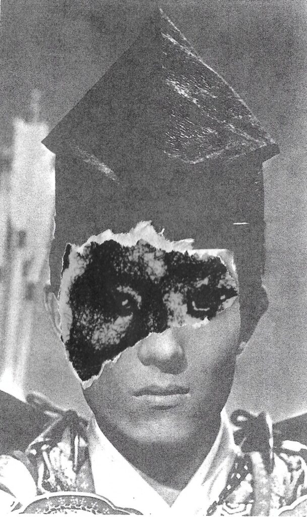 A black-and-white photo of a person in a graduation cap and gown with a torn area over their eyes, revealing another set of dark eyes underneath. The image has a rough, collage-like texture.