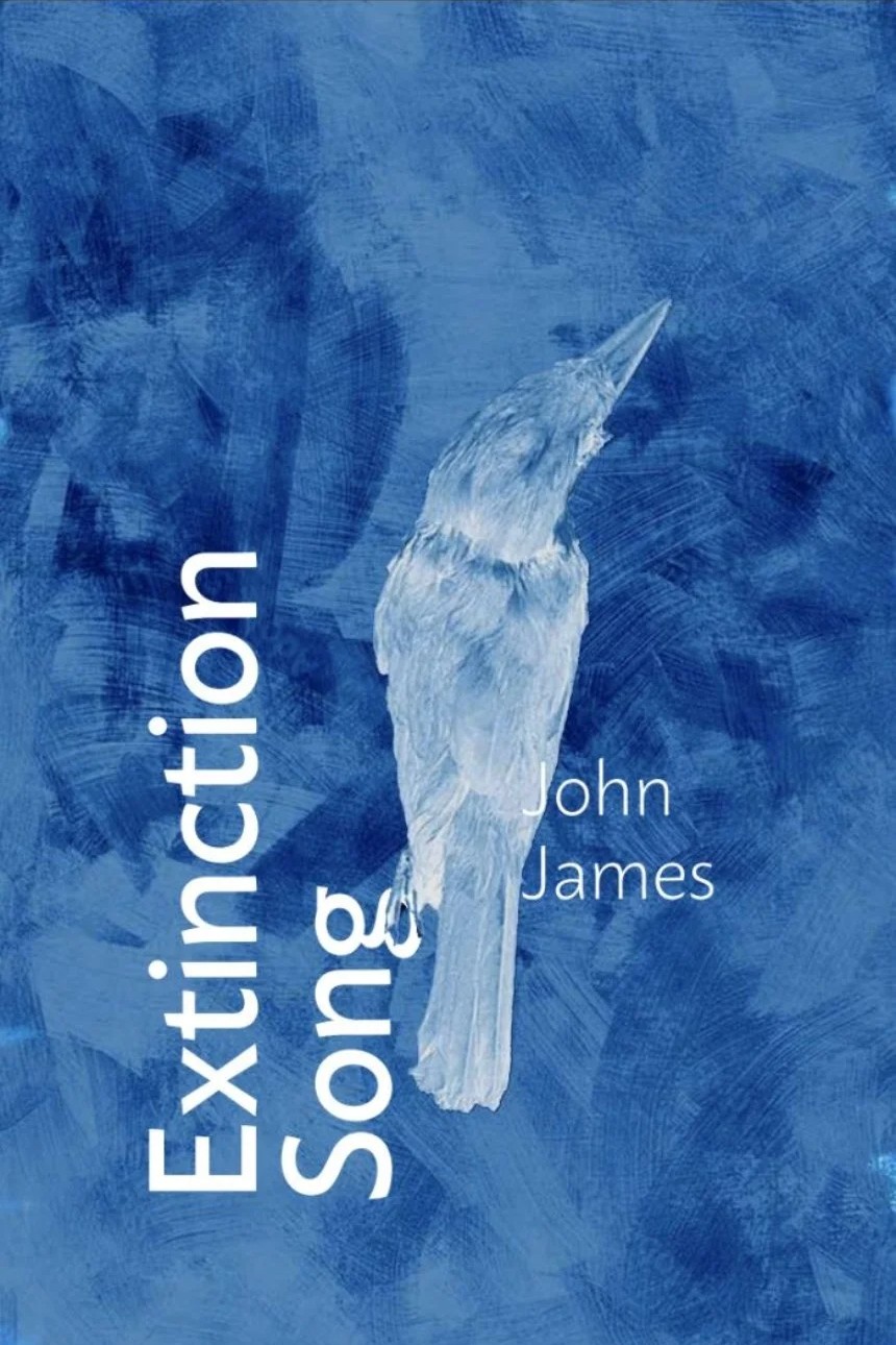 A blue-toned book cover with a white bird illustration. Extinction Song is written vertically on the left, and John James appears to the right of the bird.