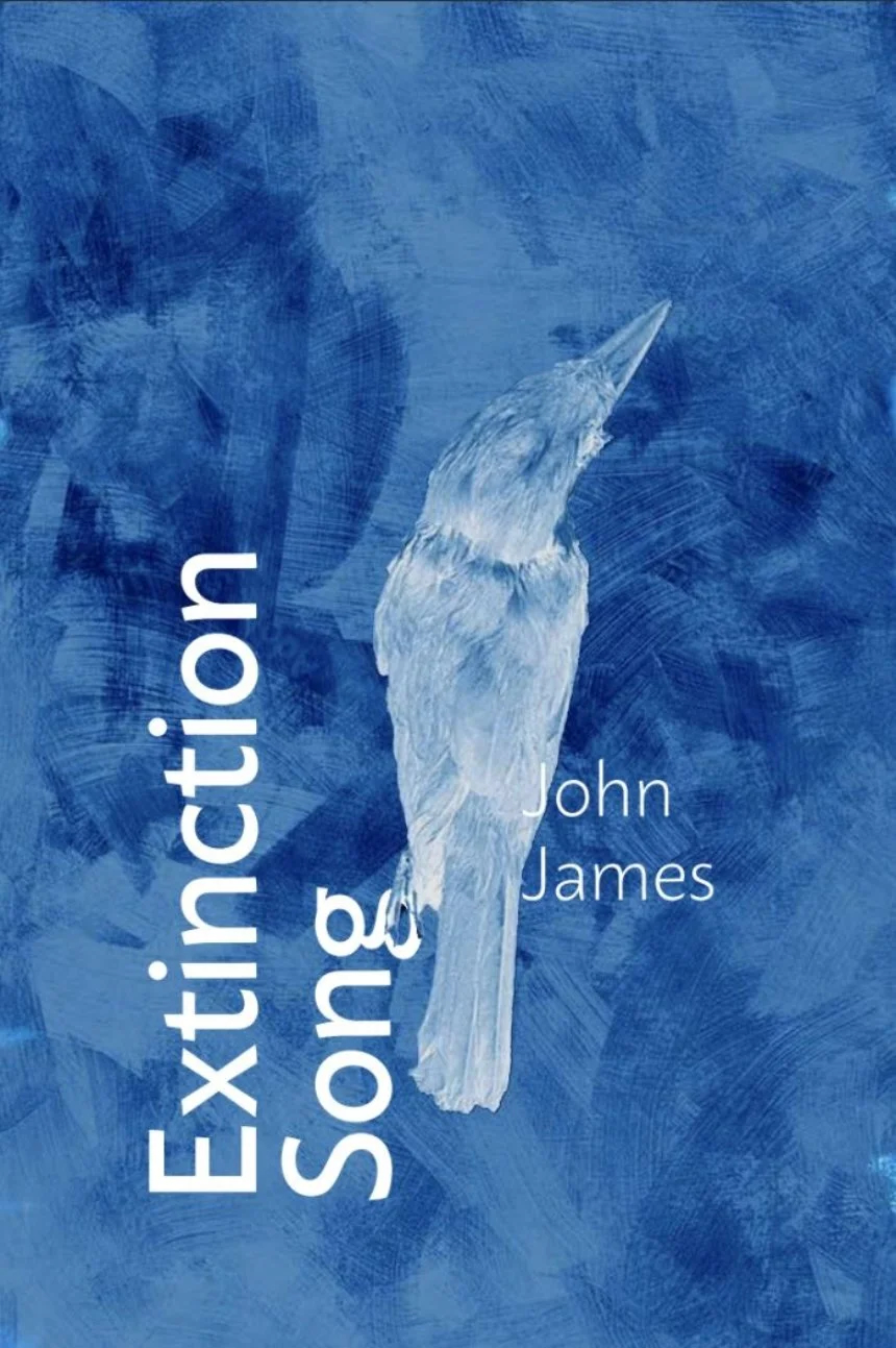 A blue-toned book cover with a white bird illustration. Extinction Song is written vertically on the left, and John James appears to the right of the bird.